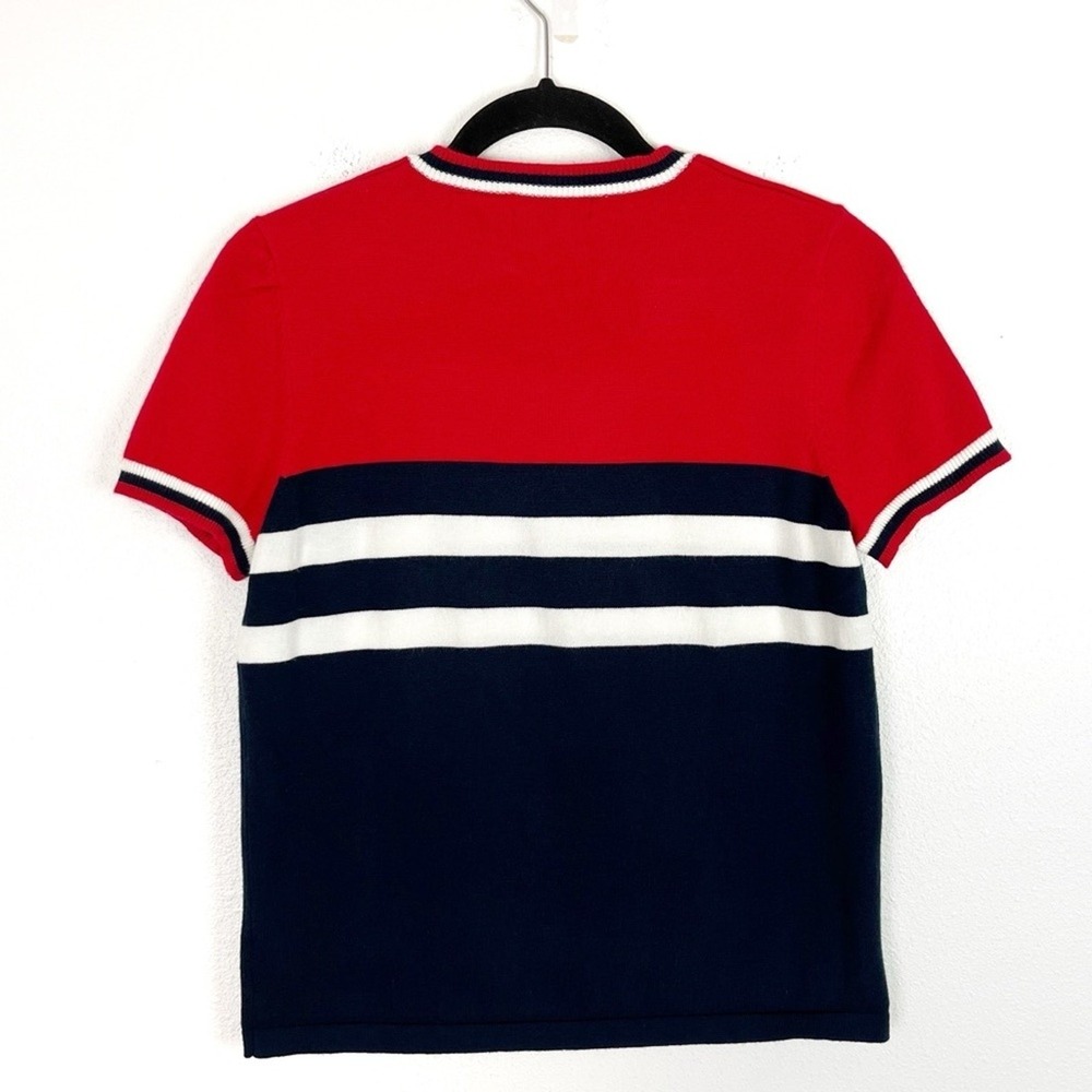Vintage V-Neck Sweater Top Small Red Blue Short Sleeve Stars Stripes 90s Y2K - Picture 3 of 9